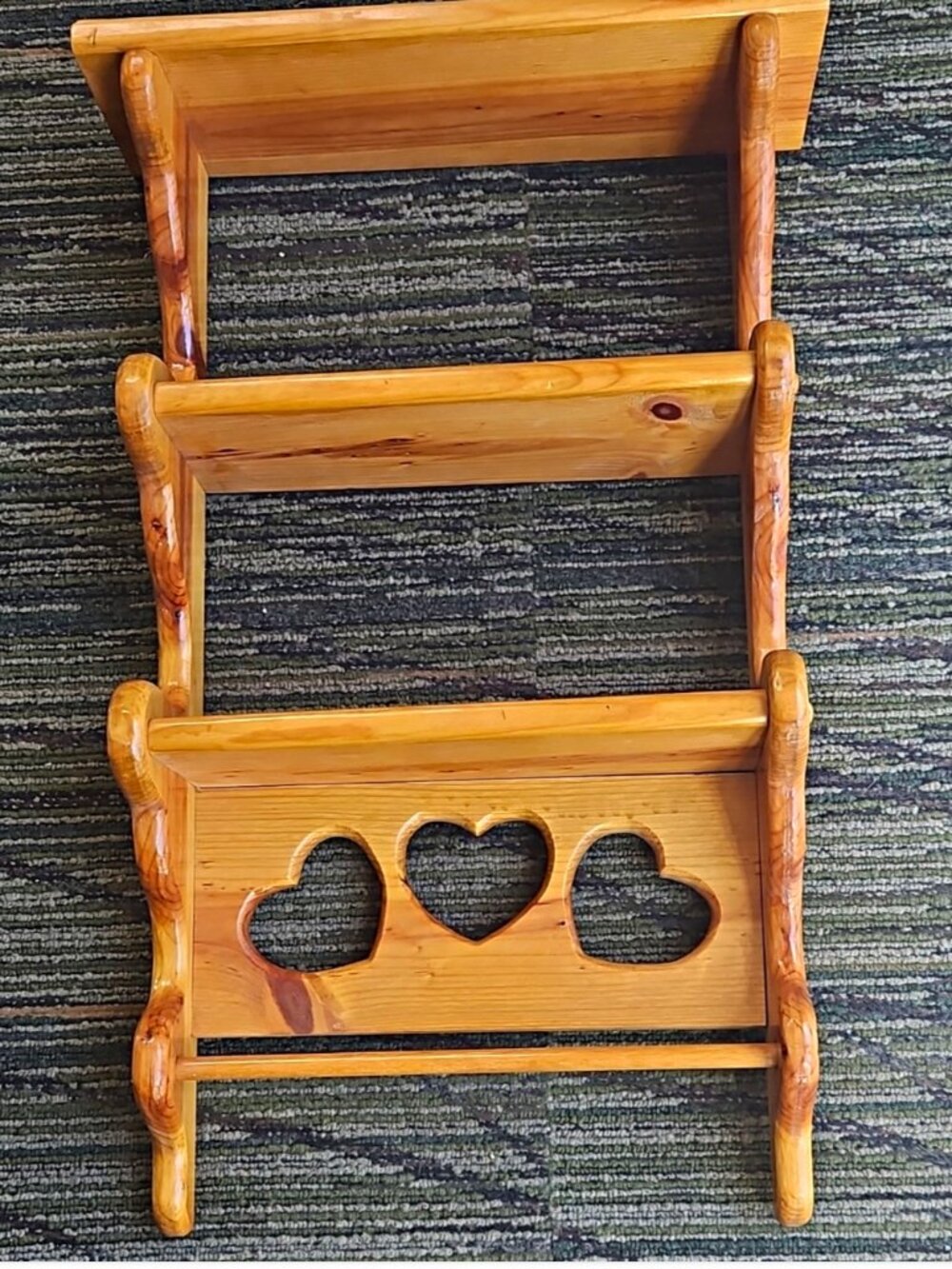Vintage 1980s Grannycore Heart Cut Out Pine Wood 3 Tier Wall Shelf w/ Towel Bar